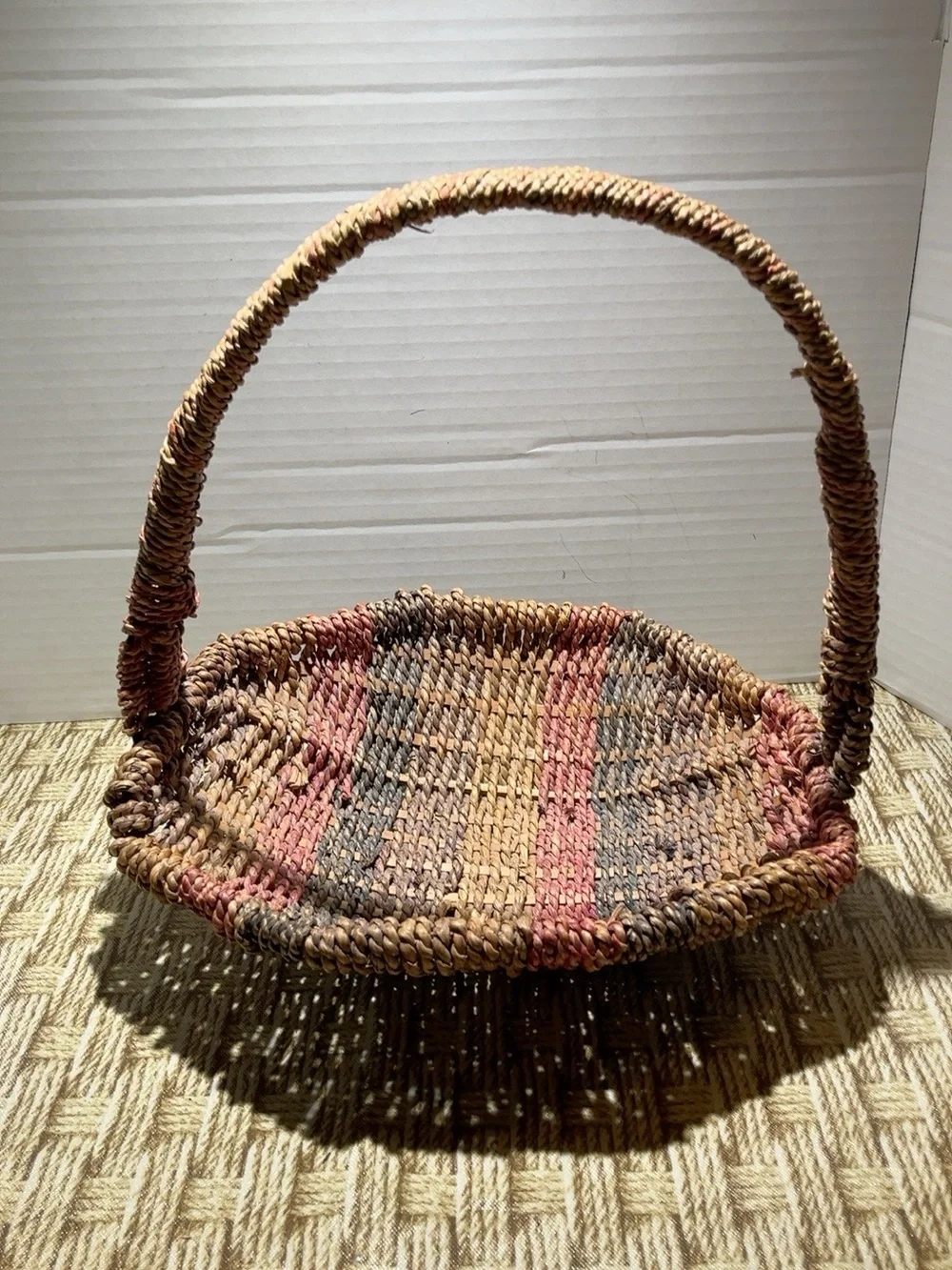 Handwoven Multicolor Willow Basket with Handle - Rustic Tan, Brown & Red
